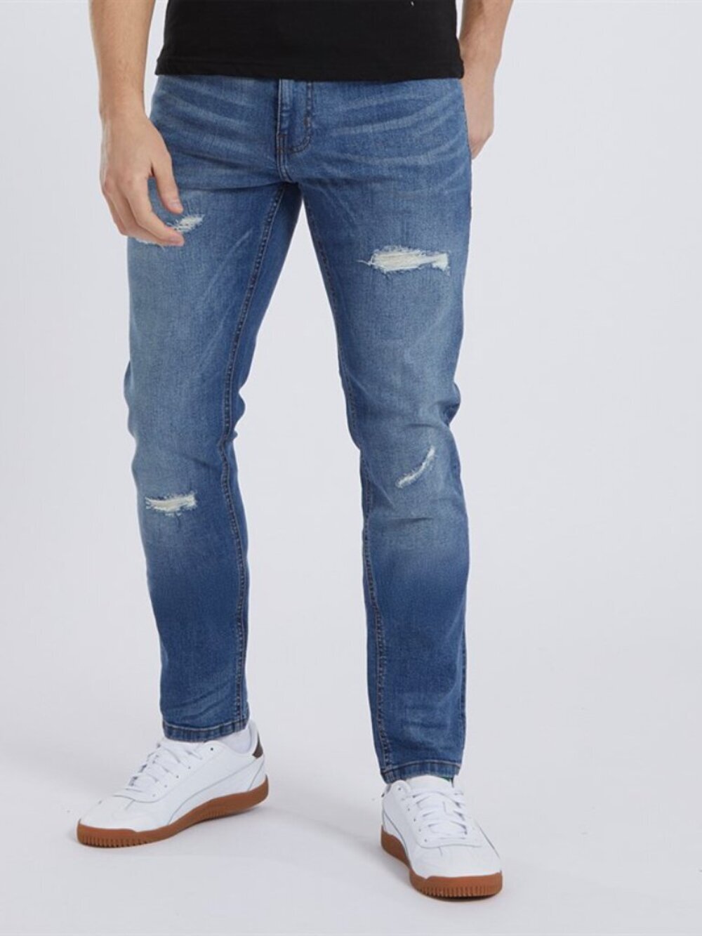 Bench Mens Blue Distressed Tapered Low Rise Slim Jeans Size 32